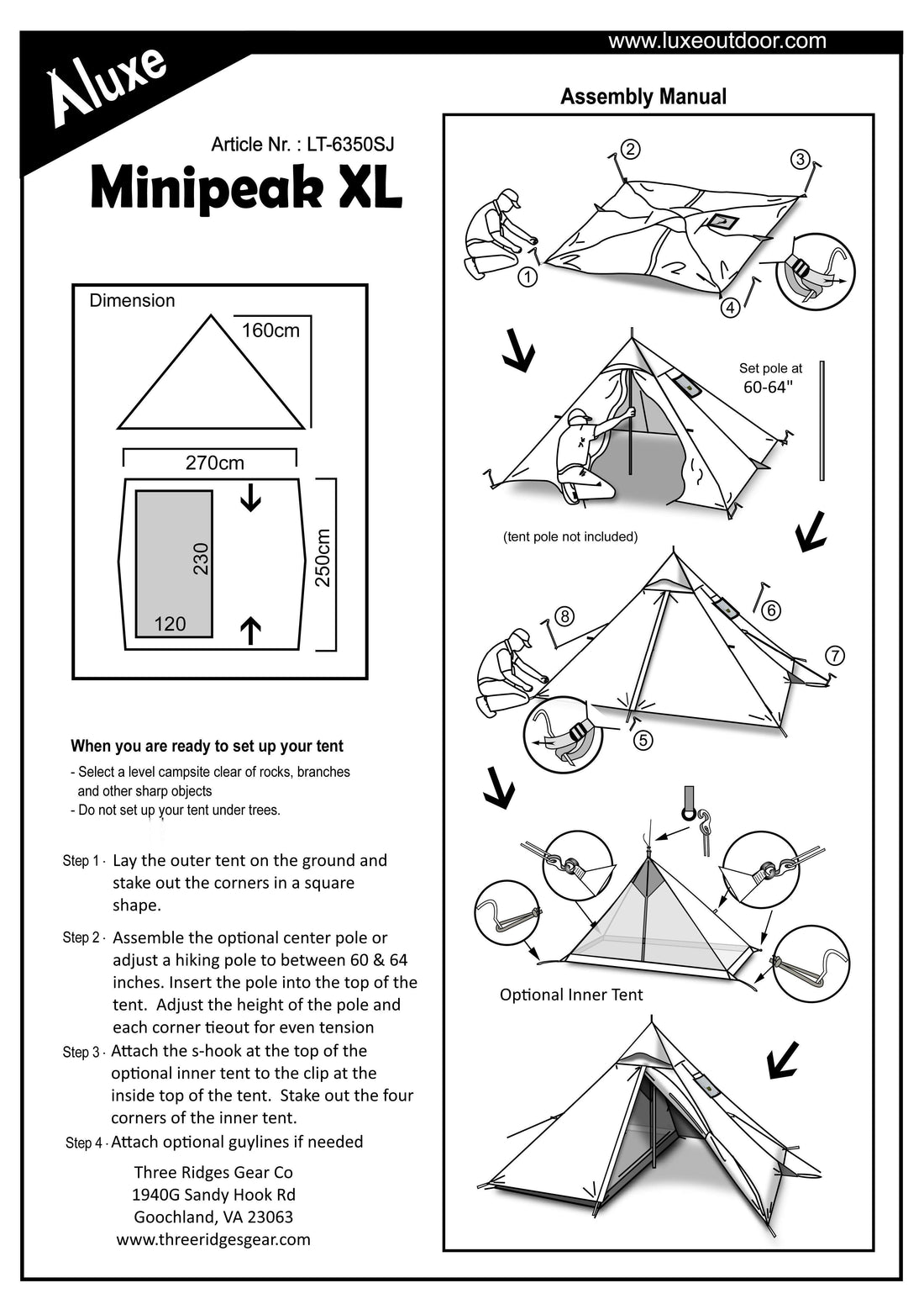 Luxe MiniPeak XL Tent Hot Inner) ThreeRidgesGearCo (No –